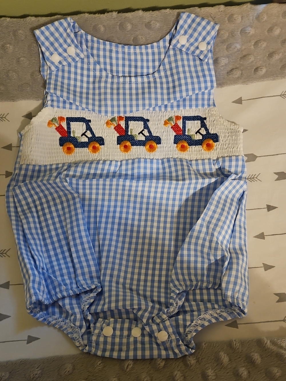 Blue Gingham Smocked Golf Cart Baby Bubble Romper 3-6months NWOT